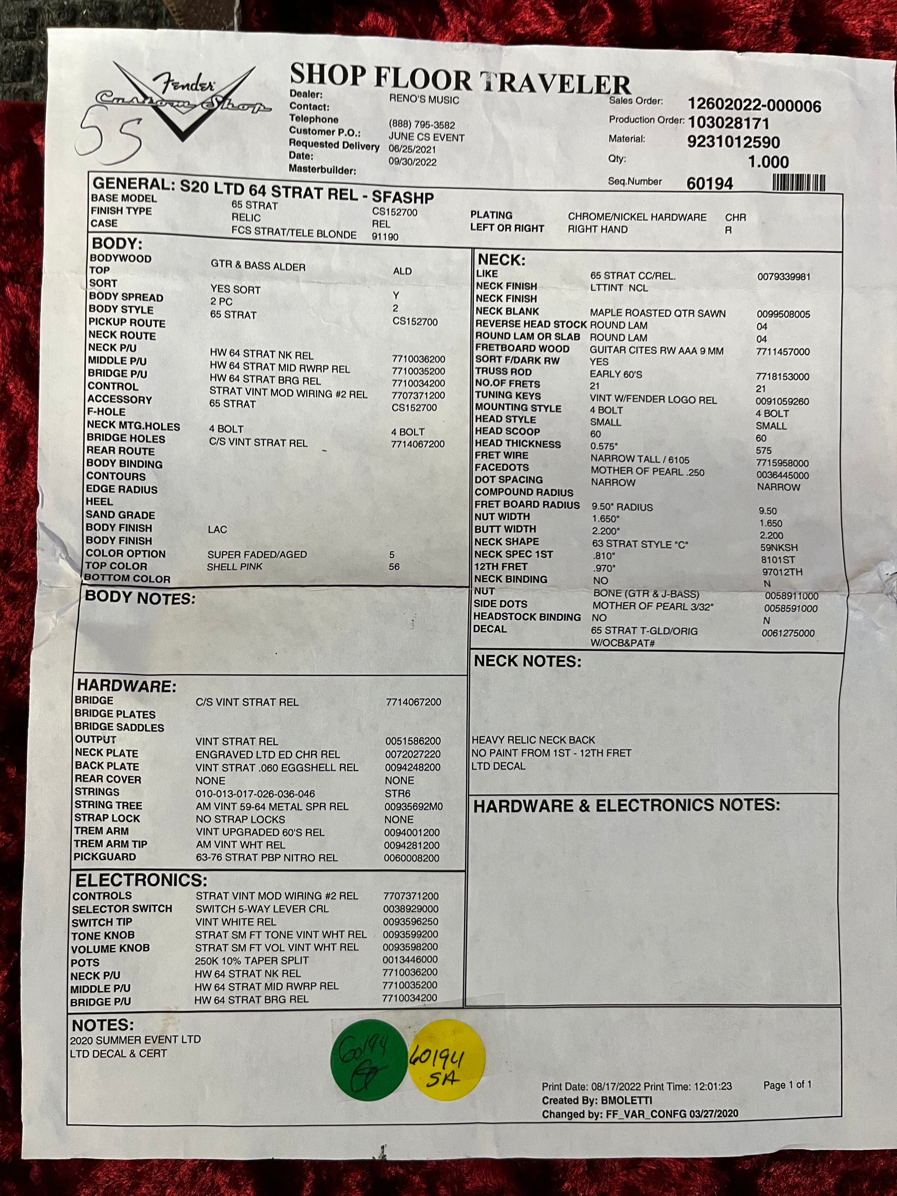 Limited Edition '64 L-Series Heavy Relic Stratocaster - Aged Shell Pink